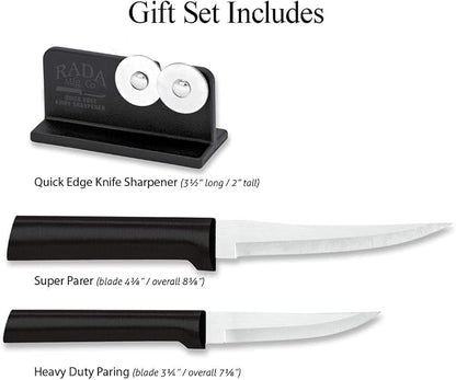 Rada Cutlery Paring Plus Sharpener Set (G236), 3-Piece Knife Set with Quick Edge Knife Sharpener, Stainless Steel Blades, Black Handle