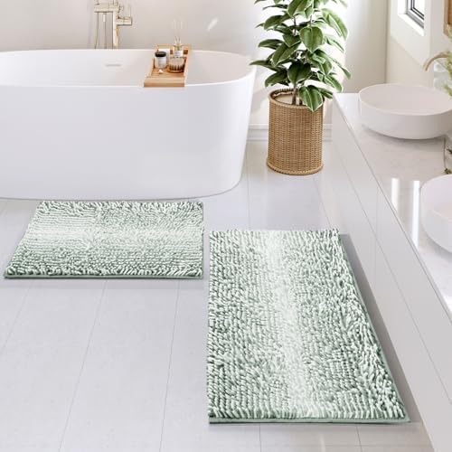 Hearth & Harbor Bathroom Rugs, Chenille Bath Mat - Machine Washable Bath Mats for Bathroom Non-Slip Backing Rubber, Quick Dry Bathroom Mat, 17 x 24 + 20 x 32 - Ombre Green