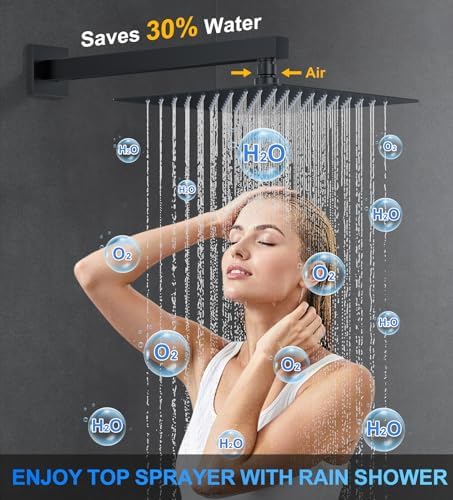 WOINDO Shower Faucet Set, 10" Wall Mount Rainfall Shower System with 2 Rain Shower Head and Multi-function Handheld Head Push Button Diverter Shower Faucet Trim Kit