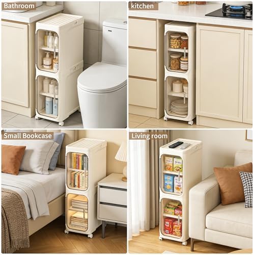 Narrow Storage Cabinet,2-Tier Slim Bathroom Organizer with Wheels,Beige