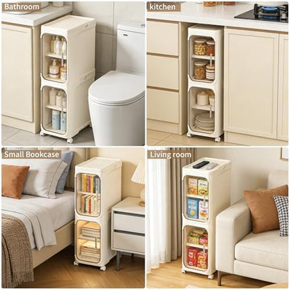 Narrow Storage Cabinet,2-Tier Slim Bathroom Organizer with Wheels,Beige