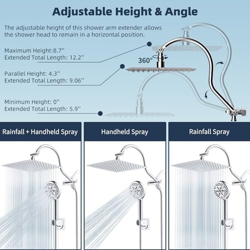 Hibbent 12'' All Metal CUPC Certified Shower Head, High Pressure Rainfall Shower Head, Handheld Showerhead Combo, 12'' Adjustable Shower Extension Arm, 10-Spray, 71'' Hose, Showerhead Holder, Chrome