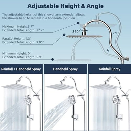 Hibbent 12'' All Metal CUPC Certified Shower Head, High Pressure Rainfall Shower Head, Handheld Showerhead Combo, 12'' Adjustable Shower Extension Arm, 10-Spray, 71'' Hose, Showerhead Holder, Chrome