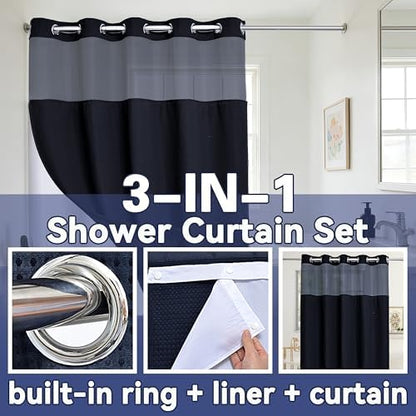 Conbo Mio No Hook Waffle Weave Shower Curtain with Snap in Liner Set, Hotel Luxury Black Shower Curtains for Bathroom with See Through Top Window, Waterproof, Washable 71W x 74H