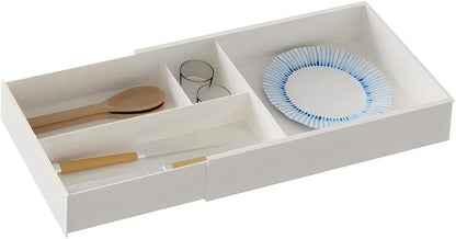 Expandable Kitchen Drawer Organizer, Telescoping Cutlery Tray, White Adjustable Storage Box with Multiple Compartments for Utensils, Silverware, and Kitchen Tools