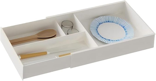 Expandable Kitchen Drawer Organizer, Telescoping Cutlery Tray, White Adjustable Storage Box with Multiple Compartments for Utensils, Silverware, and Kitchen Tools