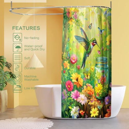 Floral Hummingbird Shower Curtain for Bathroom with Hooks Green 72x72