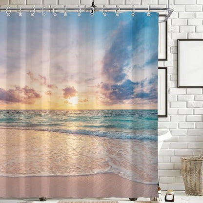 Ocean Beach Coastal Sea Scene Shower Curtain for Bathroom 72W*72H Inch Seaside Nautical Summer Sunset Sunrise Beachy Bathtub Decor Waves Seacoast Hawaiian Aesthetic Waterproof Polyester Fabric