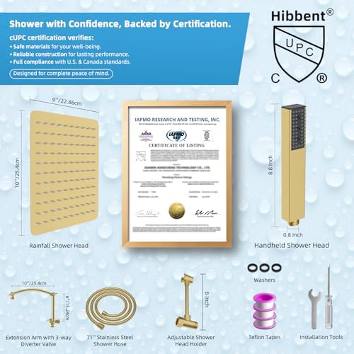 Hibbent All Metal CUPC Certified 10'' Rain Shower Head, Dual Shower Head Combo, High Pressure Handheld 4 Sprays Shower Wand, 16'' Adjustable Extension Arm, 71'' Hose, Shower Holder, Brushed Gold