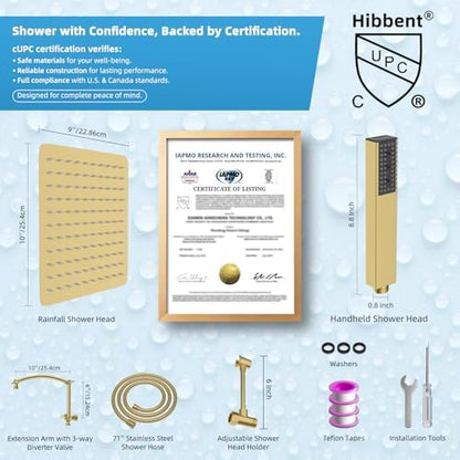Hibbent All Metal CUPC Certified 10'' Rain Shower Head, Dual Shower Head Combo, High Pressure Handheld 4 Sprays Shower Wand, 16'' Adjustable Extension Arm, 71'' Hose, Shower Holder, Brushed Gold