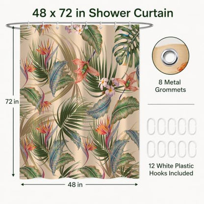 Tropical Shower Curtain, Colourful Leaves Floral Palm Leaf Hawaiian Botanical Plant Bathroom Decor, Waterproof Cloth Fabric Bath Curtain with Hooks 48 x 72 inch