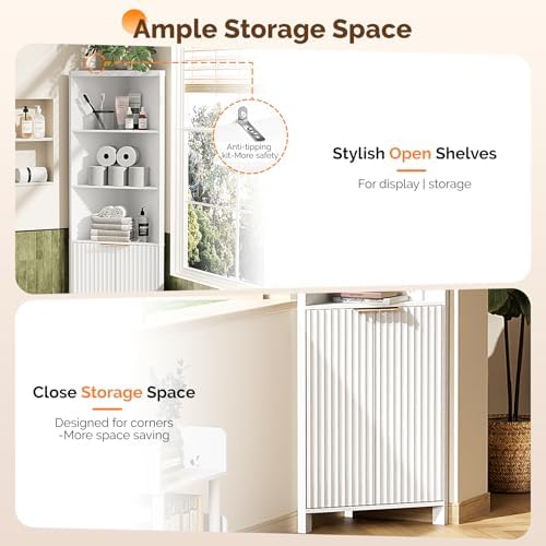 VINGLI Tall Corner Cabinet with Fluted Doors, 68" White Corner Storage Cabinet with Adjustable Shelves, Freestanding Wood Corner Bookshelf for Bathroom, Living Room & Kitchen, Space-Saving