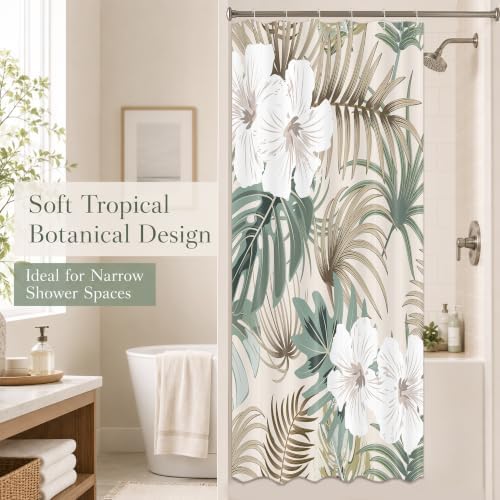 Tropical Shower Curtain for Bathroom, Green Palm Tree Flower Plant Boho Leaf Banana Monstera Sage Beige Shower Curtains Set, Fabric Bathroom Accessories with Hooks 36x72 Inch