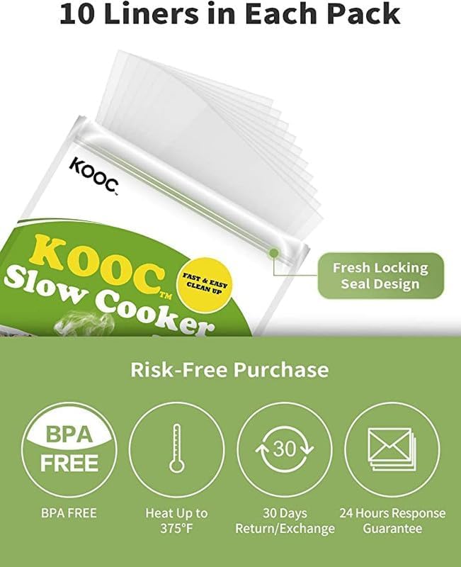 KOOC Slow Cooker Liners 13x21 inch 10 Count Large Size Disposable Pot Liners Cooking Bags Fit 3QT to 8.5QT Pot BPA Free Fresh Locking Seal Design