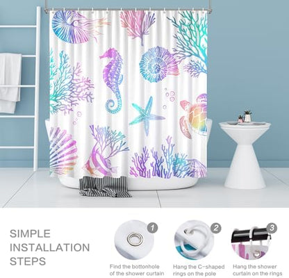 Nautical Coastal Shower Curtain, Beach Shower Curtains Sea Horse Coral Turtle Starfish Seashell Conch Ocean Themed Kids ShowerCurtain Set Polyester Fabric Machine Washable Decor Bath curtains