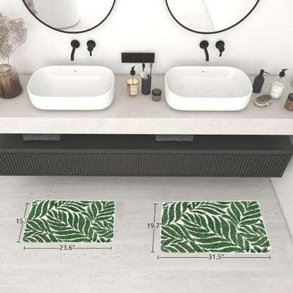 Dark Green Leaf Bathroom Rugs - Bath Mats Non Slip Machine Washable Bathroom Decor Water Absorbent Bath Rugs for Sink Bathtub and Shower Leaves 20" x 32"