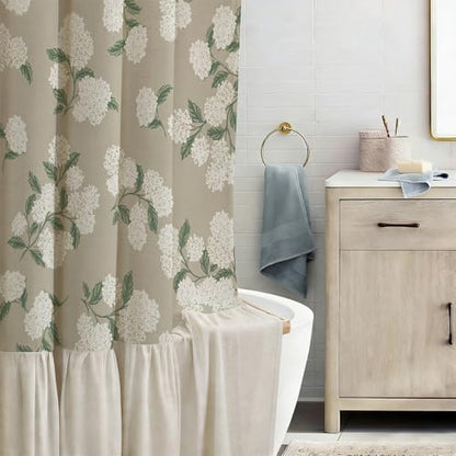 ORTIGIA Linen Textured Ruffle Shower Curtain with Metal Hooks, Off-White Cream Floral Hydrangea Waterproof Bath Curtain for Rustic Farmhouse Bathroom Decor 72x72 Inch
