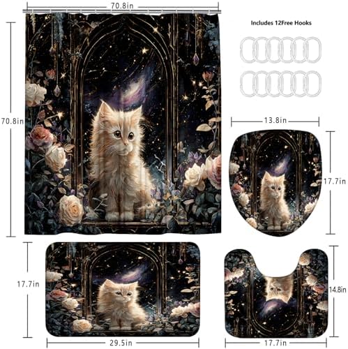 4Pcs Cat Starry Shower Curtain Sets with Non-Slip Rugs, Toilet Lid Cover and Bath Mat, Rose Pet Pattern Home Bathroom Decor Set Accessories Waterproof Shower Curtains with 12 Hooks, 72 x 72 Inch