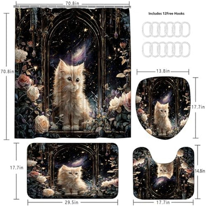 4Pcs Cat Starry Shower Curtain Sets with Non-Slip Rugs, Toilet Lid Cover and Bath Mat, Rose Pet Pattern Home Bathroom Decor Set Accessories Waterproof Shower Curtains with 12 Hooks, 72 x 72 Inch