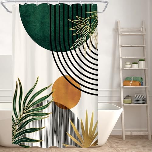 KOMLLEX Mid Century Green Boho Abstract Modern Bathroom Shower Curtain Set