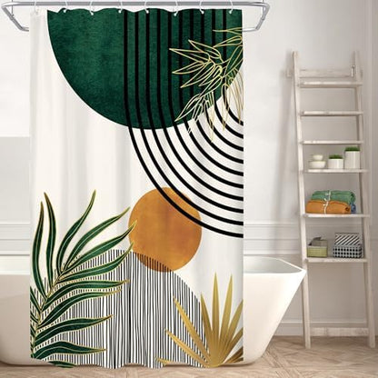 KOMLLEX Mid Century Green Boho Abstract Modern Bathroom Shower Curtain Set