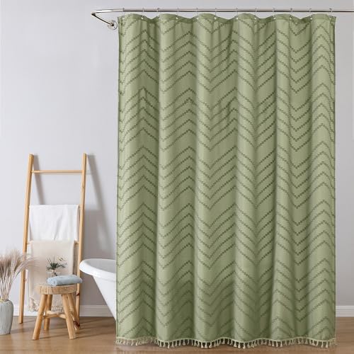 OWENIE Extra Long Light Green Boho Shower Curtain, Chic Tufted Chevron Striped Textured Fabric Cloth Shower Curtains with Tassel for Bathroom, Soft Hotel Style Farmhouse, Machine Washable, 72x84