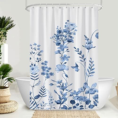AWERT Small Half Size Stall Shower Curtain with Hooks Shower Stall Curtain 48 x 72 Light Blue Floral 48 inch for Bathroom/RV and Camper