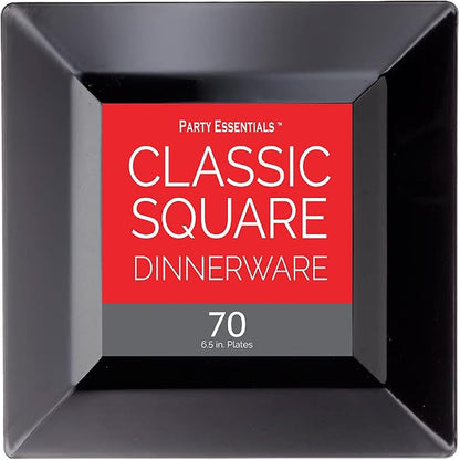Party Essentials Party Supplies Disposable Classic Square Plastic Plates For Wedding/All Occasions, 6.5", 70-Count, Black