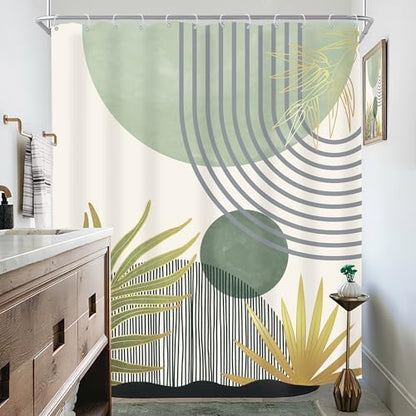 Mid Century Mint Green Boho Abstract Modern Bathroom Shower Curtain Set