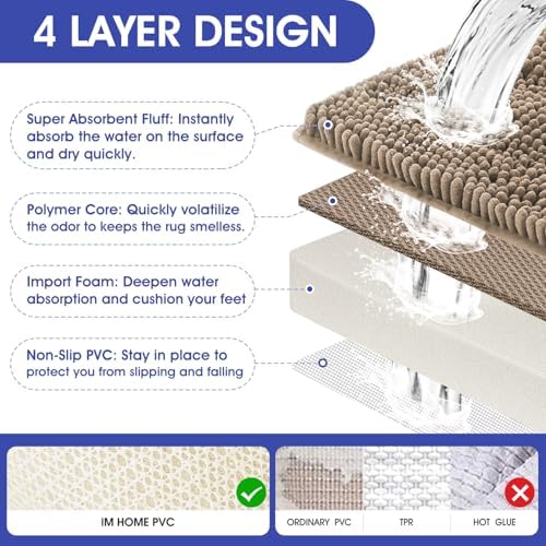 ACCUMTEK Striped Dark Beige Bathroom Rug Mat 32"x20" Ultra Soft, Non Slip Chenille Bath Rugs, Absorbent Plush Shaggy Bath Mats for Bathroom, Bedroom, Kitchen, Shower, Tub,Taupe