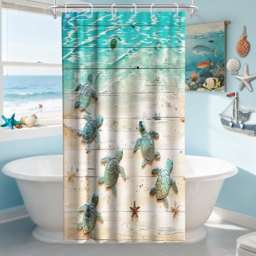 Cute Ocean Kids Shower Curtain, Beach Nautical Tropical Sea Turtle Shower Curtains for Bathroom, Waterproof Bath Curtain with Hooks Machine Washable Bathtub Curtains 36x72 Inch Blue Green