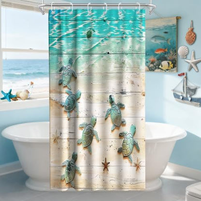 Cute Ocean Kids Shower Curtain, Beach Nautical Tropical Sea Turtle Shower Curtains for Bathroom, Waterproof Bath Curtain with Hooks Machine Washable Bathtub Curtains 36x72 Inch Blue Green