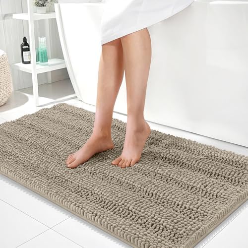 OLANLY Thick Bathroom Runner Rugs 44x24, Chenille Bath Rugs, Warm Taupe