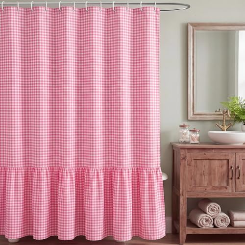 HunnmingRe Ruffle Hem Gingham Shower Curtain Pink