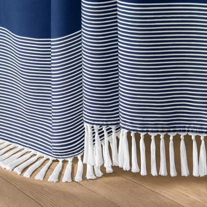 Navy Blue Coastal Ocean Cotton Striped Shower Curtain with Tassel 72W X 78L