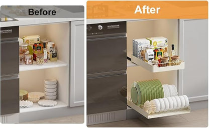 LinTimes Expandable Pull Out Cabinet Organizer, Stainless Steel + Carbon Steel Cabinet for Framed Cabinets, Upgrade Slide Rails Slide Out Drawers, Dish Combination Shelf, 42.3 * 40 * 7.5cm White