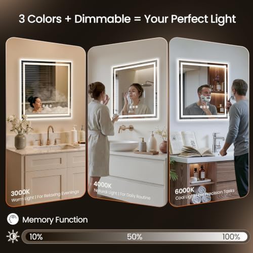 36"x36" LED Bathroom Mirror with Anti-Fog, Backlit & Front Lights, Memory