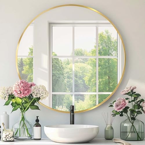 Round Gold Mirror 26 Inch, Brushed Gold Metal Frame, Circle Mirror