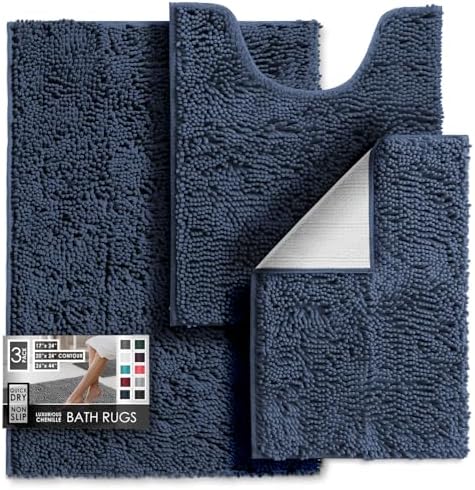 Hearth & Harbor Bathroom Rugs, Chenille Bath Mat - Machine Washable Bath Mats for Bathroom Non-Slip Backing Rubber, Quick Dry Mat - Navy Blue Bath Rug, 17x24-26x44-20x24