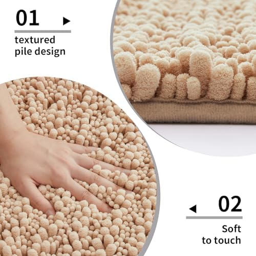 Disolla Beige Bathroom Rug 20x32 Inch - Luxury Chenille Bath Mat, Thick Shaggy Plush Absorbent Rug, Non-Slip Machine Washable Mats for Bathroom Floor & Decor