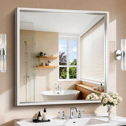 CIRCUMI 40"x40" Brushed Silver Bathroom Mirror, Square Mirror for Vanity