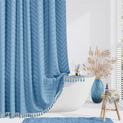 Dynamene Long Boho Farmhouse Shower Curtain Chevron 72x78 Moonlight Blue