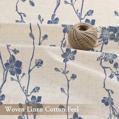 Navy Blue Farmhouse Linen Shower Curtain, Boho Floral Fabric, 72 x 84