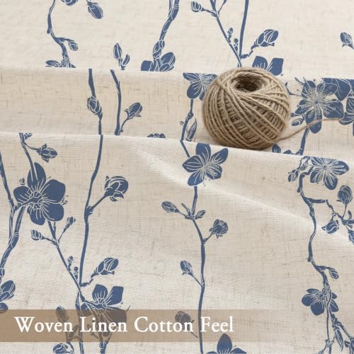 Navy Blue Farmhouse Linen Shower Curtain, Boho Floral Fabric, 72 x 78
