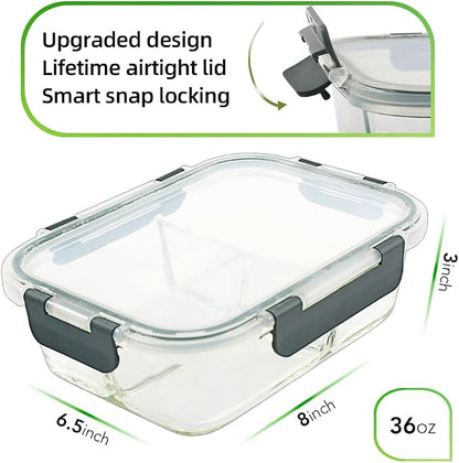 DAS TRUST [5-Packs, 36 oz Glass Meal Prep Containers 3 Compartment with Lids, Glass Lunch Containers,Food Prep Lunch Box,Bento Box,Microwave, Oven, Freezer, Dishwasher (4.5 Cups, Gray)