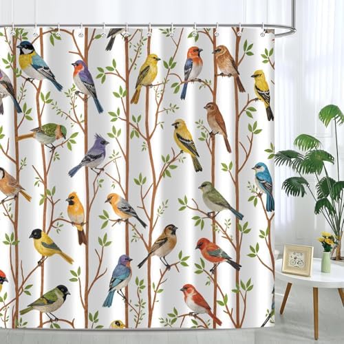 Moonslim Colorful Birds Shower Curtains, Woodland Green Leaves Trees Wildlife Vintage Spring Themed Shower Curtain Set, Fabric Bath Curtain for Bathroom Decor Waterproof Cloth with Hooks 72X78 Inch
