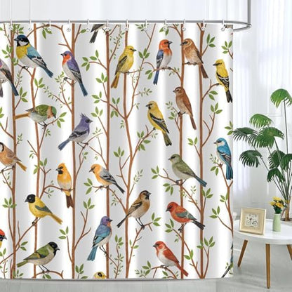 Moonslim Colorful Birds Shower Curtains, Woodland Green Leaves Trees Wildlife Vintage Spring Themed Shower Curtain Set, Fabric Bath Curtain for Bathroom Decor Waterproof Cloth with Hooks 72X78 Inch