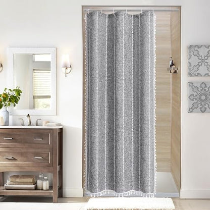 Boho Tassel Linen Shower Curtain,3D Embroidery Stripe Charcoal Grey,36x72
