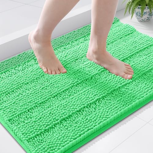 Grandaily Chenille Striped Bathroom Rugs 44x24, Extra Thick and Soft Absorbent Bath Mats, Rubber Backing, Plush Shaggy Shower Carpet, Machine Wash Dry, Bath Rug for Bathroom, Mint Green