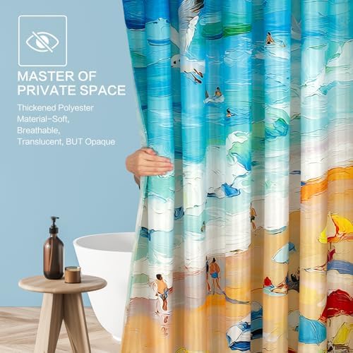 Summer Shower Curtain, Oil Painting Beach Ocean Shower Curtain Coastal Nautical Scene Seaside Seacoast Waterproof Fabric Bathroom Decor, Vacation Themed Bath Curtain for Home, Hotel & Resort